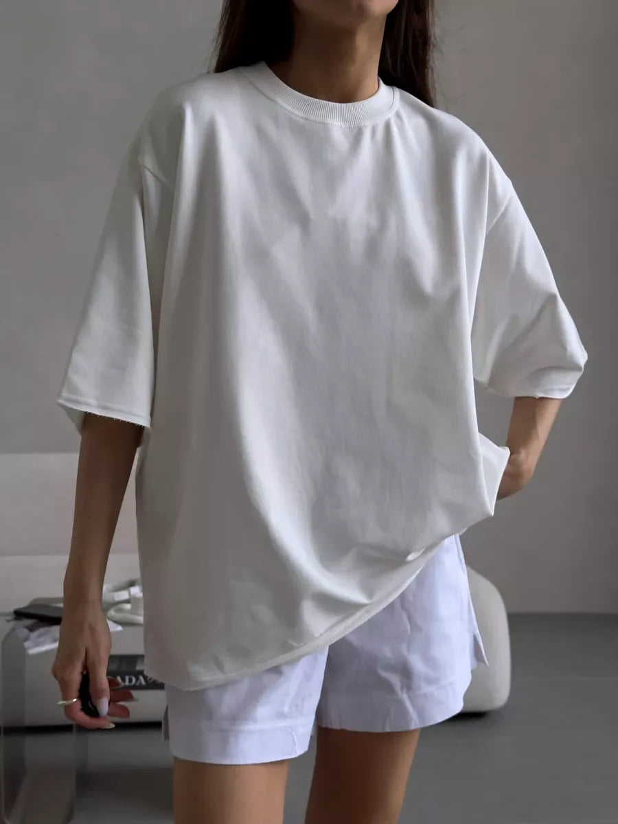 Hirsionsan Summer Casual Oversized T-shirts Women 100% Cotton Pink Loose Tees 2026 New Cusual Solid O Neck Female Aesthetic Tops