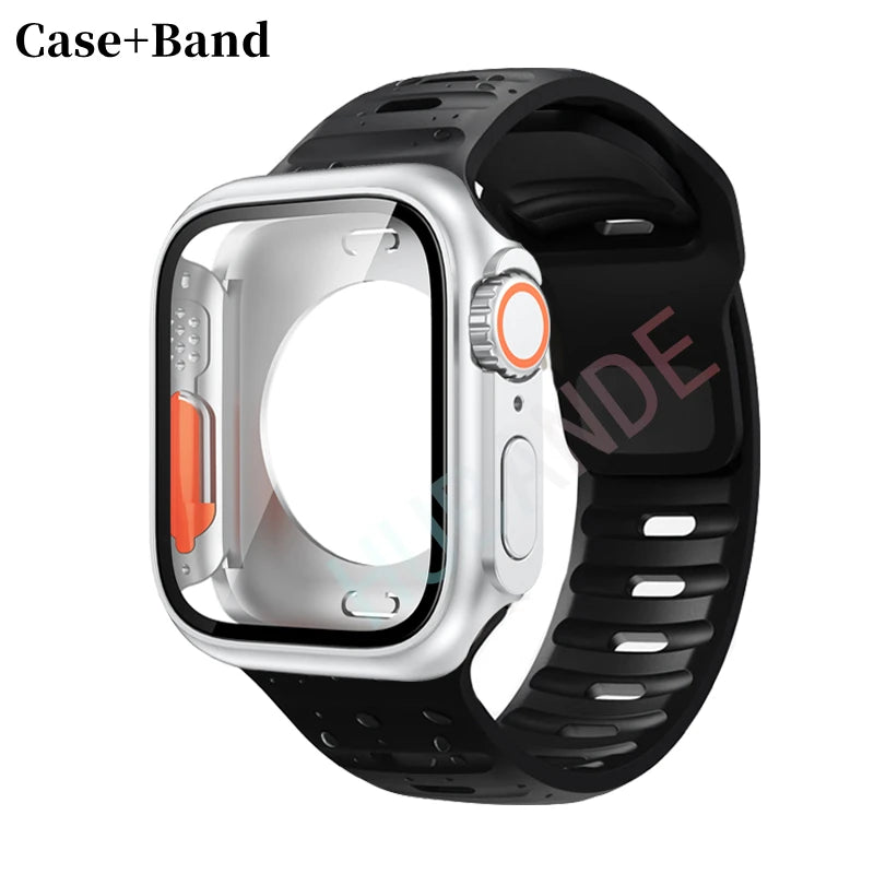 Silicone strap For Apple Watch 44mm 45mm 41mm 40mm Bracelet+Screen protectores Change to Ultra For iWatch Series 9 8 7 SE 6 5 3