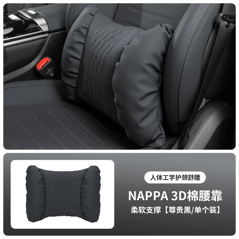 Nappa Leather Car Headrest & Lumbar Support Cushion – Soft Neck Pillow & Waist Pillow Set