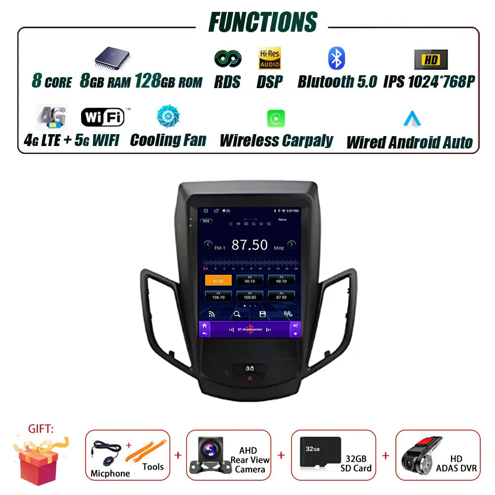 Android 16 Carplay For Ford Fiesta MK7 2009-2016 Car Radio Multimedia Stereo Player WiFi GPS Navigation NO DVD