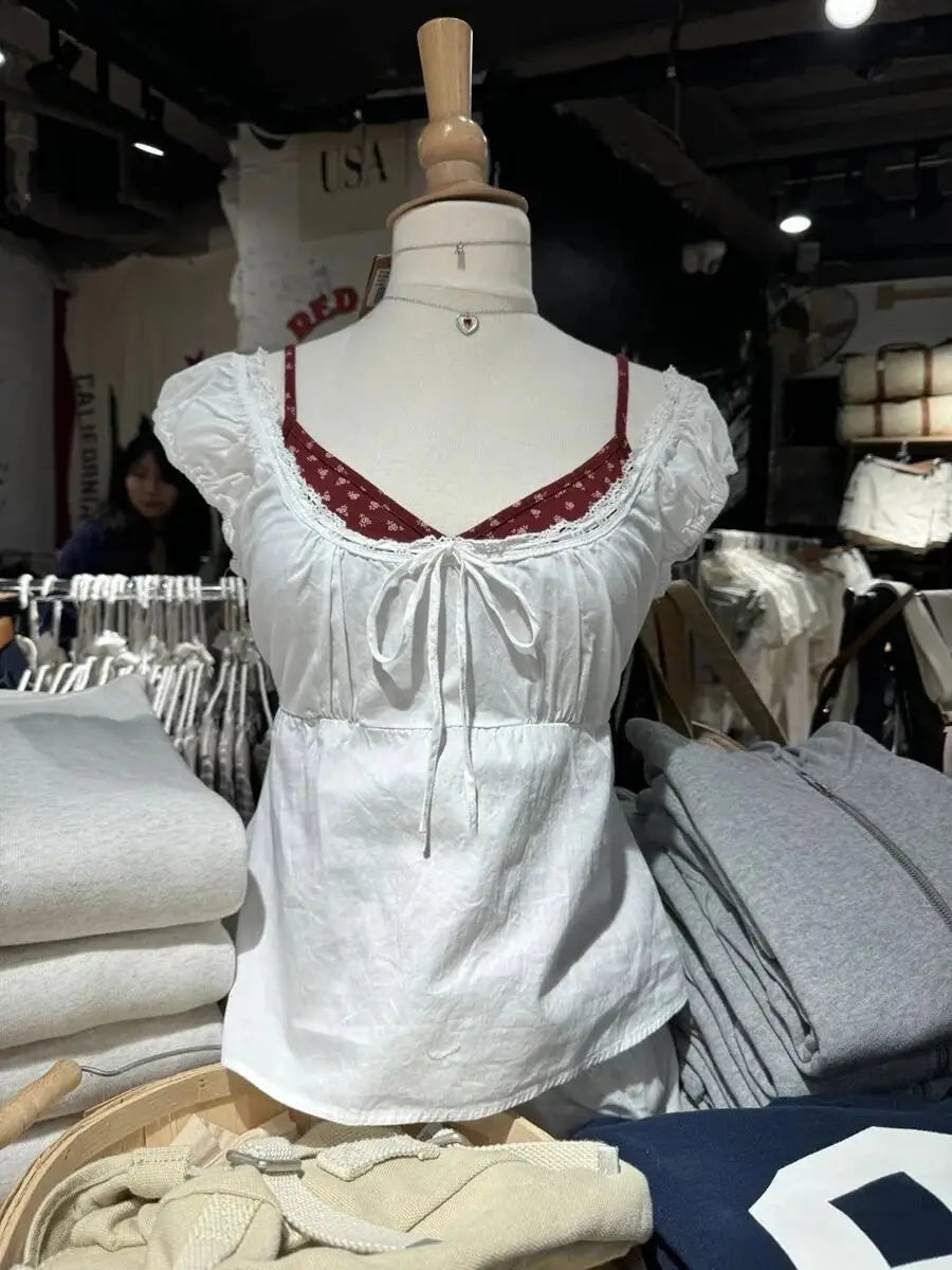 White Lace Tied Square Neck Summer T-shirts Chic Elegant Short Sleeve Tee Cotton Y2K Street Casual Bow Tie-up Top Women