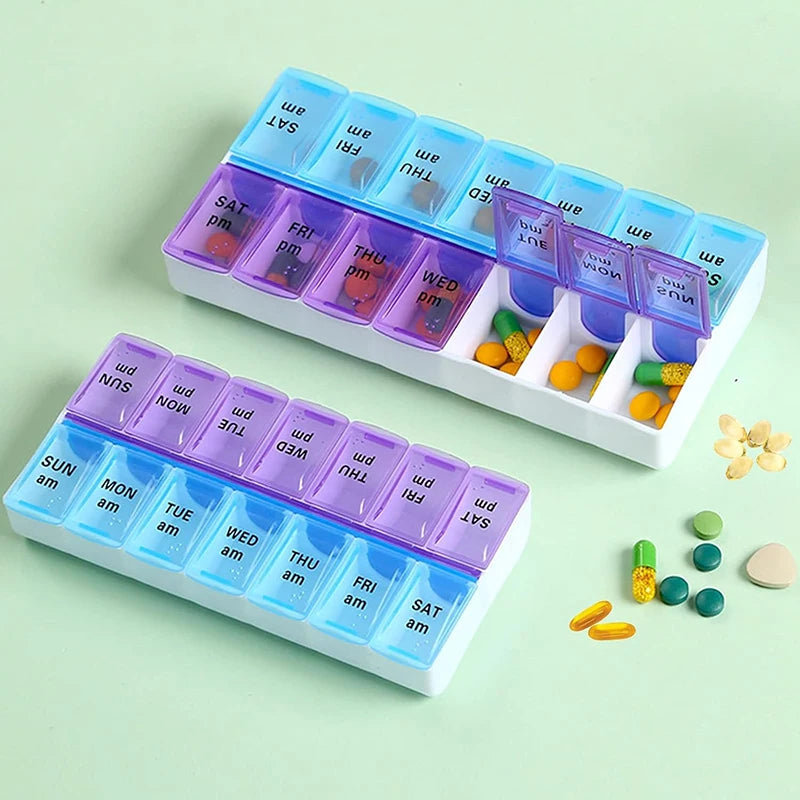 Portable 7-Day Pill Organizer, Compact 6.89x3.35 Inch, Double Row Design with Clear Lids, Ideal for Car, Vacation, Business Trip