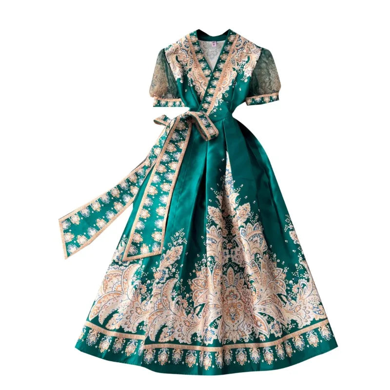 Vintage Dresses French Retro Style Printed Dress Women's Summer Tie High Street Design Chic Long Fashion Vestidos