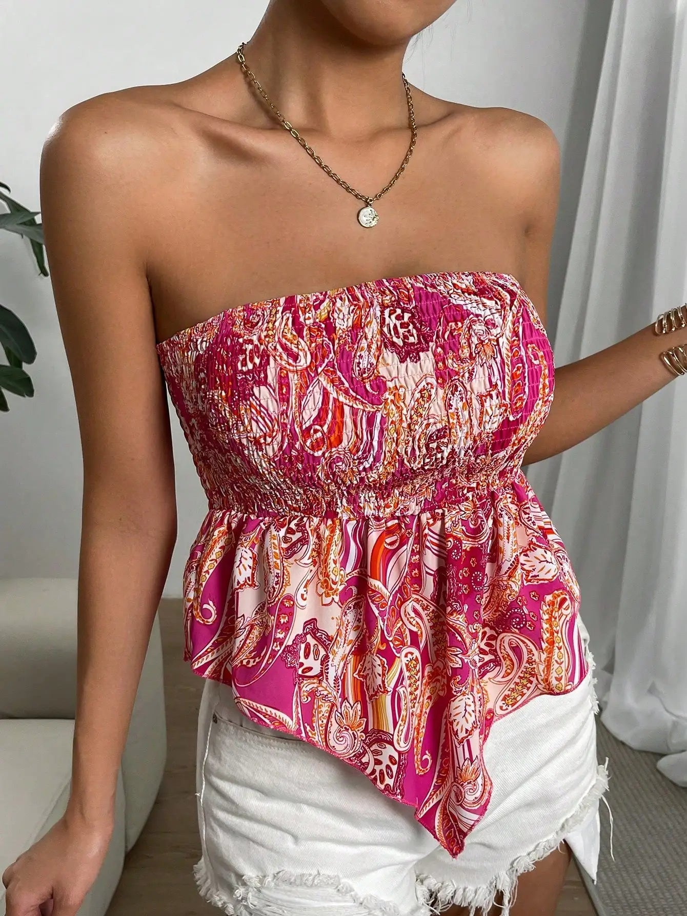 Cross border hot selling for European American women full width printed irregular hem sexy strapless collection summer top