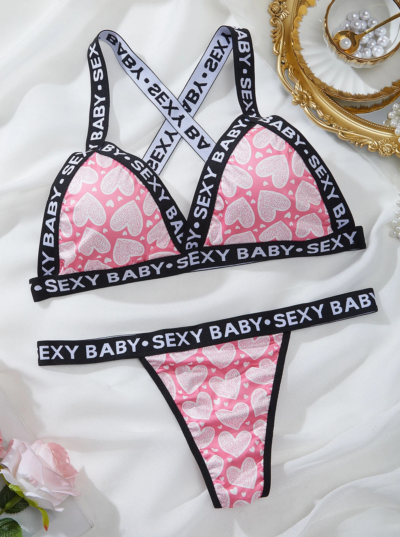 Valentine's Day Plus Size Heart Love Pattern Letter Tape Bra & Thong Sexy Lingerie Set