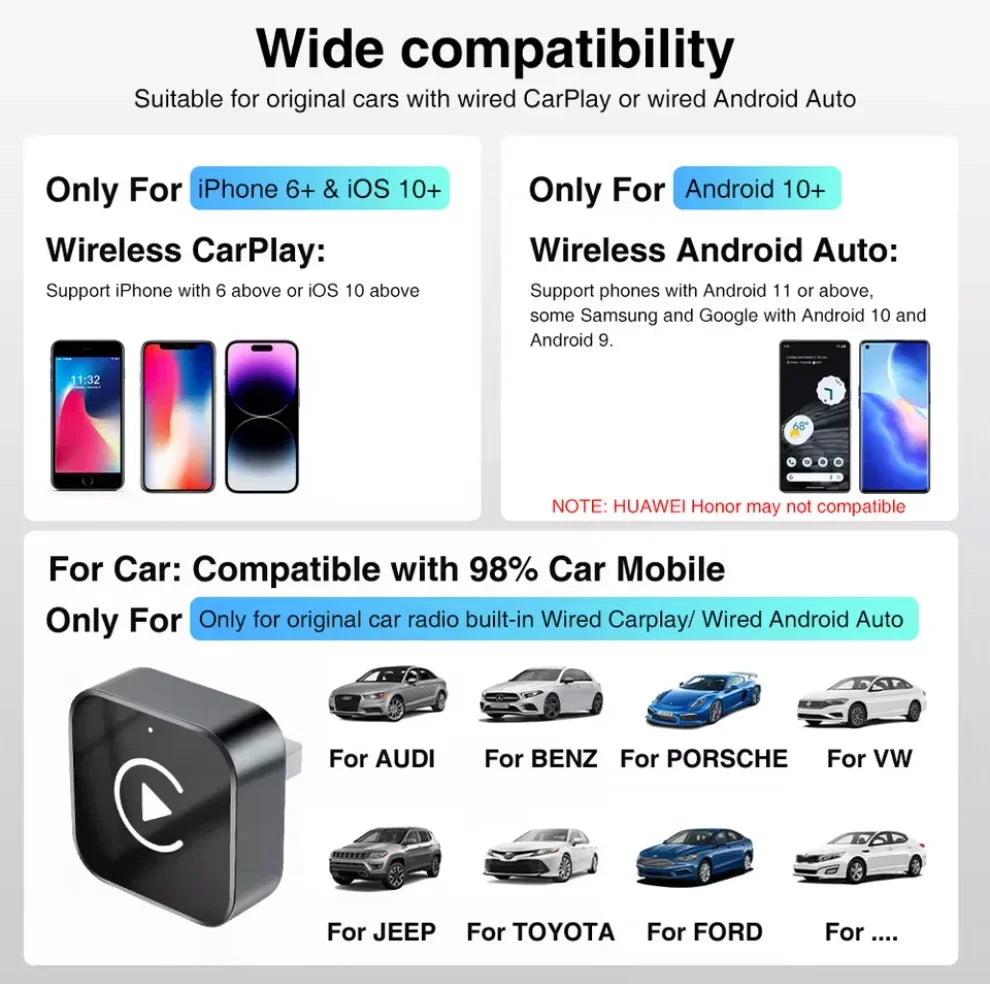 2-in-1 Wireless CarPlay & Android Auto Adapter — AI Smart Box, Compatible with iOS & Android