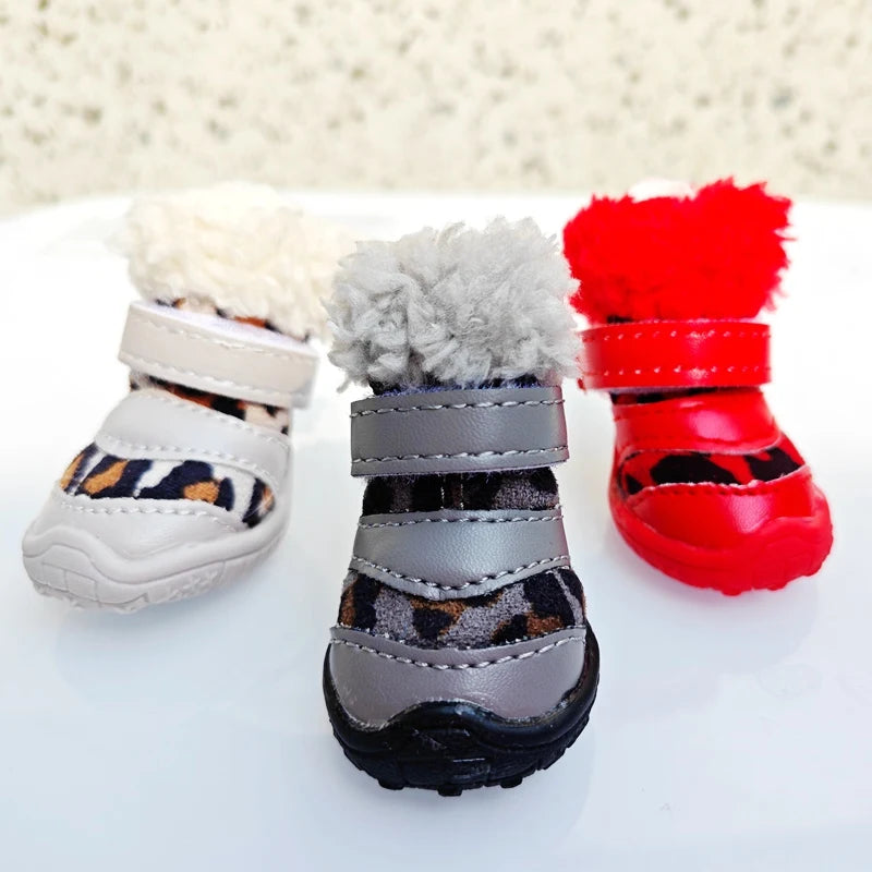 Leopard Print Dog Boots Set of 4 - Warm Winter Shoes for Small Breeds