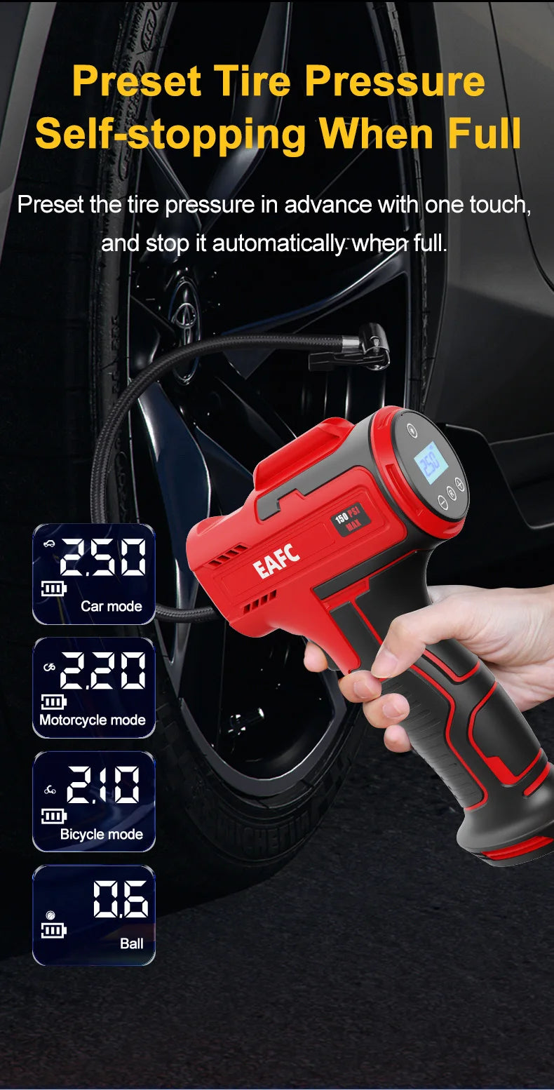 EAFC 4000mAh Car Air Compressor Electric Wireless 150PSI Tire Inflator Pump for Motorcycle Bicycle Boat AUTO Tyre Balls Inflator