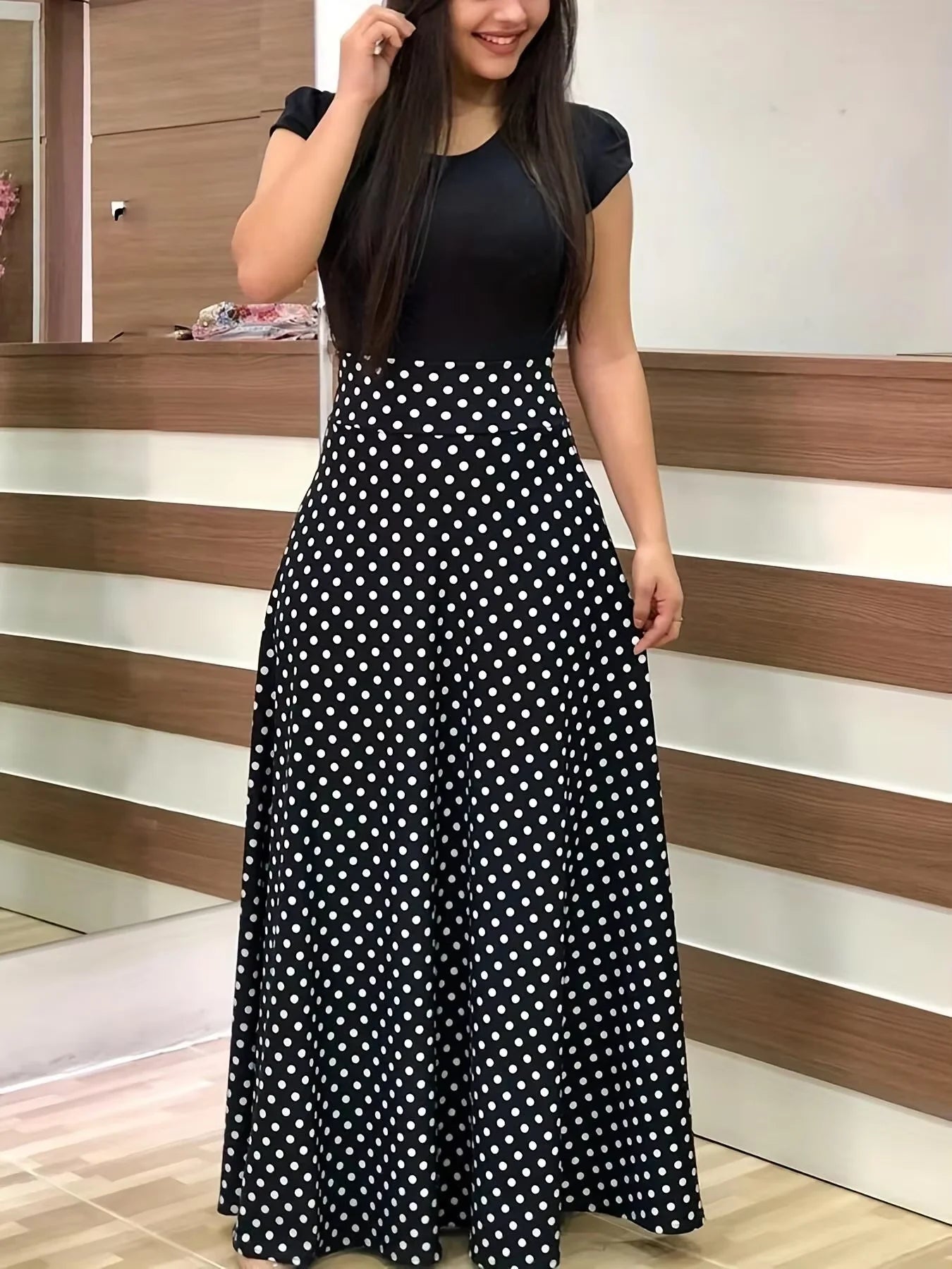 2025 European and American style flower print color matching short sleeved dress for women's large swing skirt