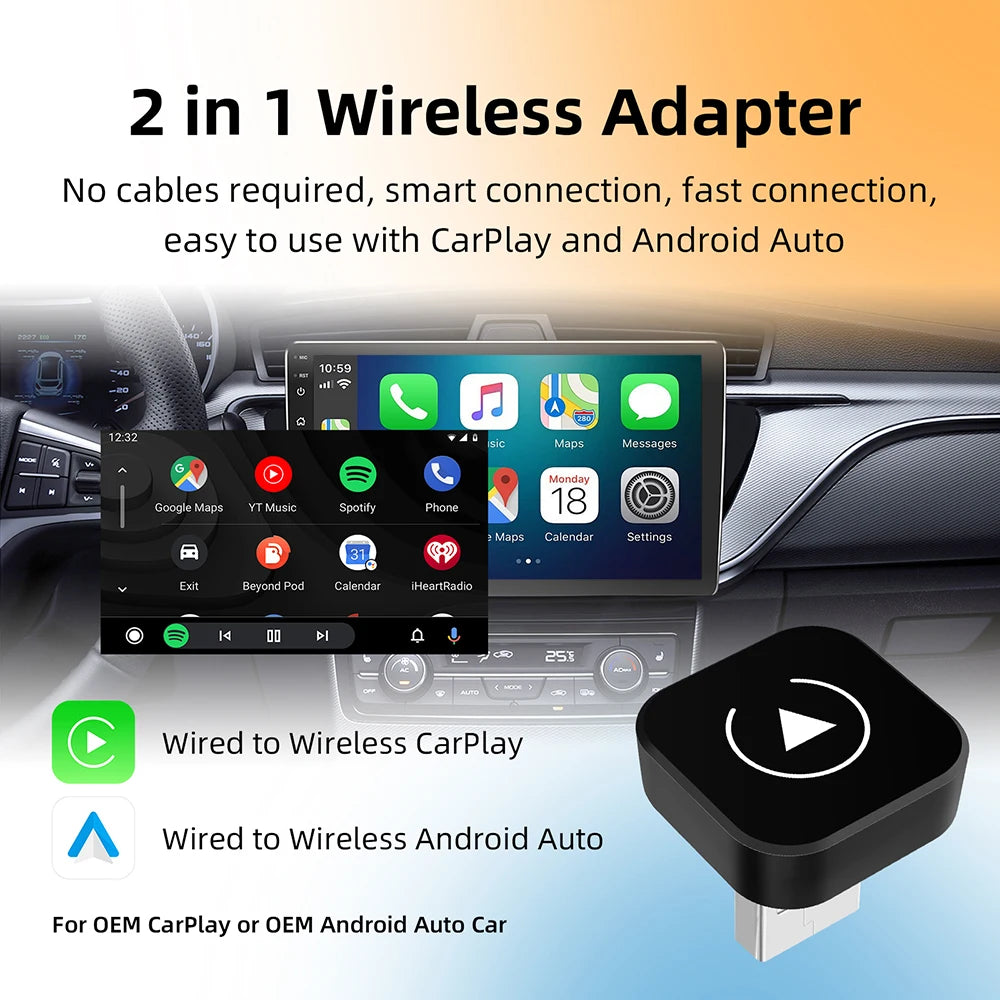 2in1 Wireless CarPlay Dongle Wireless Android Auto Adapter AI Smart Box For Car With Wired CarPlay Car Intelligent Systems