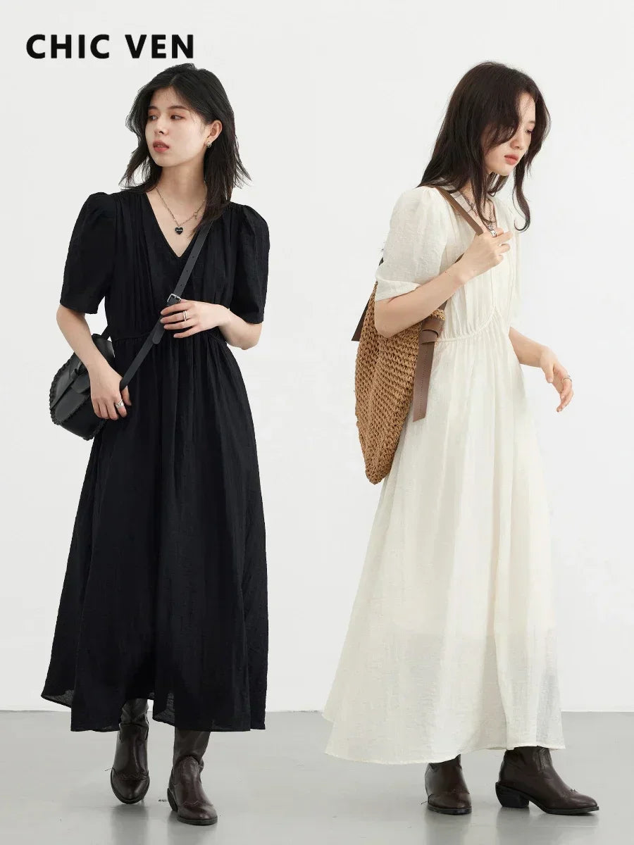 CHIC VEN Women's French V-Neck Puff-Sleeve Maxi Dress — Black