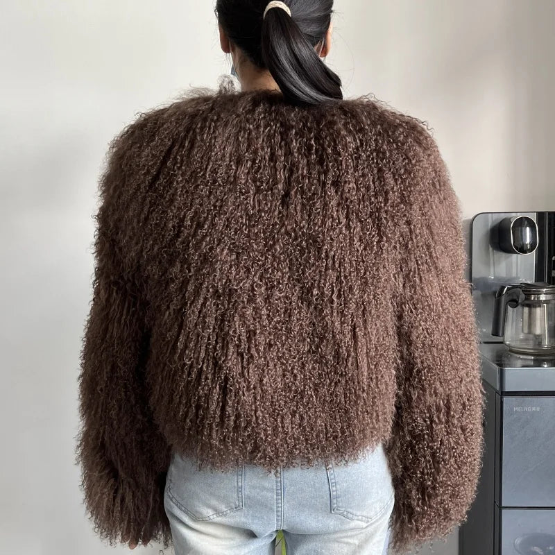 Women's Mongolian Sheep Fur Jacket, Round Neck