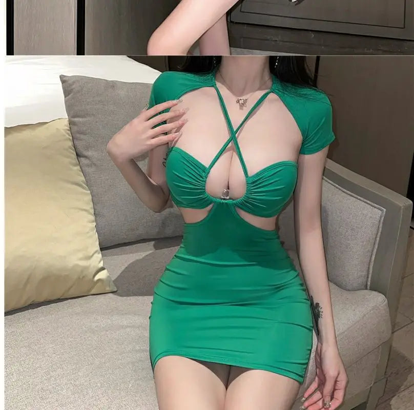Women's Hollow Back Halter Neck Bodycon Mini Dress – Sexy Slim Wrap Hip Skirt | S–L (Green, Black, White)