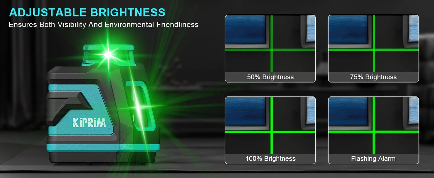 Kiprim Laser Level 2/5 Lines 360° – Automatic Self-Leveling Green Light Cross Laser for Construction