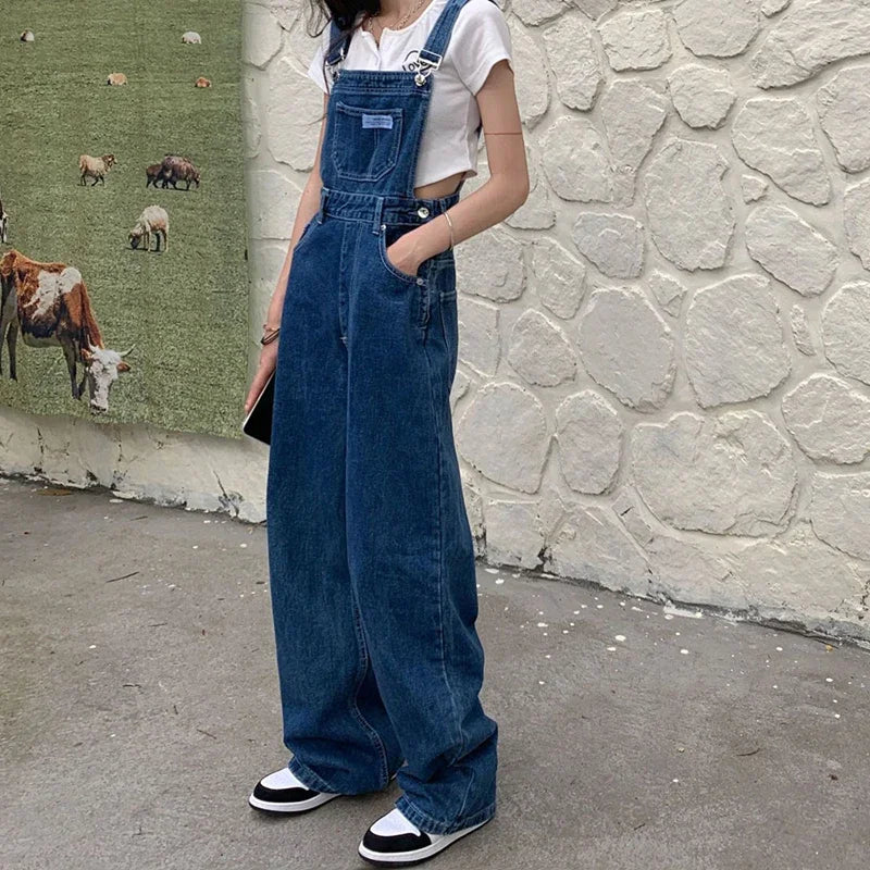 New Summer Fashion Denim Jumpsuits for Women Wide Leg Jeans Overalls Korean Baggy Suspender Pants Korean Streetwear Trousers