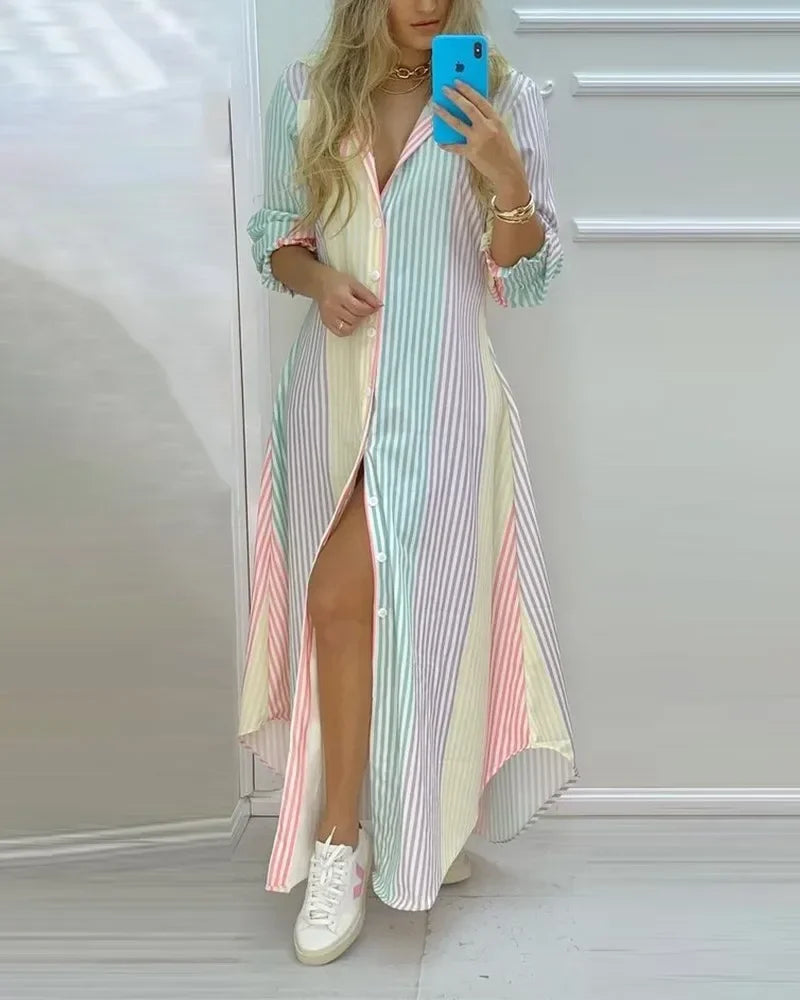 Women Lapel Collar Long Sleeve Leaf Print Button Front Split Maxi Shirt Dress Casual Daily Commuter Cover Up