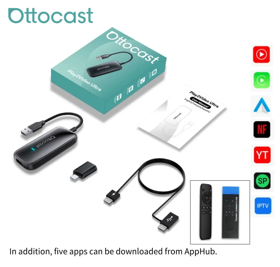 OTTOCAST Play2Video Ultra Wireless CarPlay AI Box Video Streaming for Car YouTube Netflix IPTV Plug&Play for Factory Wired CarPl