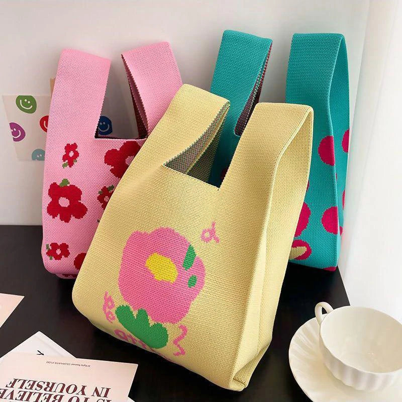 Fashion Handmade Knit Handbags Women Mini Knot Wrist Bag Korean Casual Tote Bag Reusable Shopping Bags