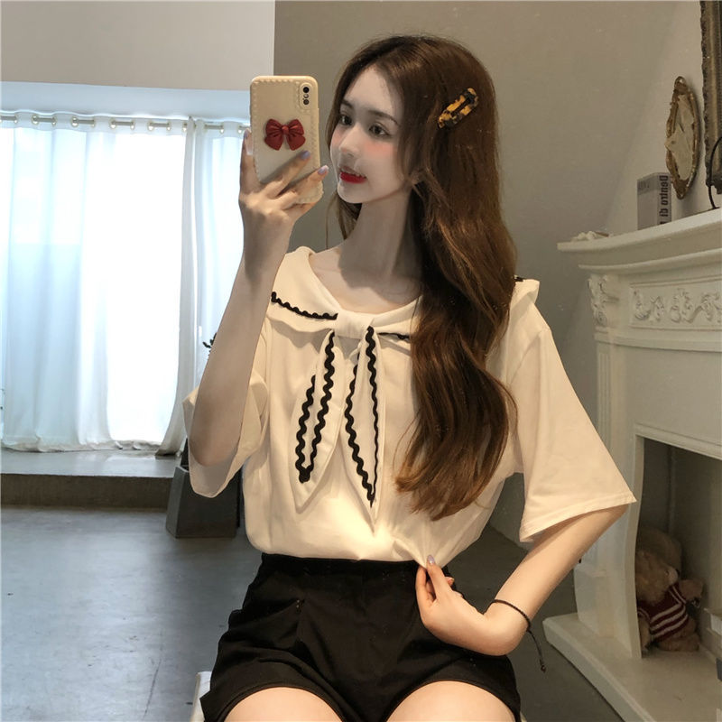 Sailor Collar T-shirts Women Baggy Kawaii Clothes Panelled Temper Designer Aesthetics Japanese Stylish Summer Vintage Футболка