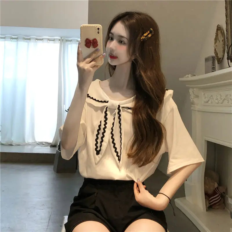Sailor Collar T-shirts Women Baggy Kawaii Clothes Panelled Temper Designer Aesthetics Japanese Stylish Summer Vintage Футболка