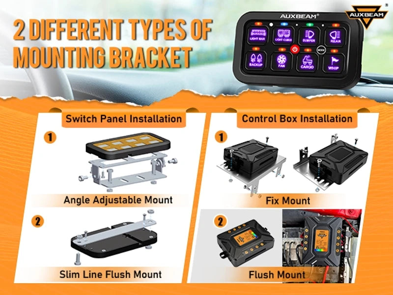 Auxbeam RGB 8 Gang Switch Panel Toggle/Momentary/Pulsed Supported Without App Control (One-Sided Outlet/Two-Sided Outlet)