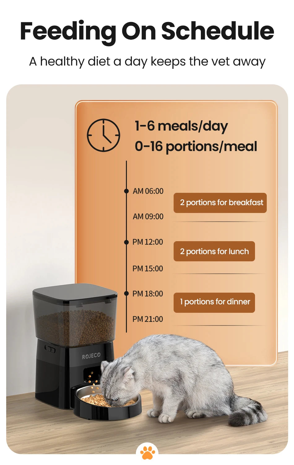 ROJECO Automatic Pet Feeder – 2L Smart Button Control Cat & Dog Food Dispenser | US/EU/KR Plug