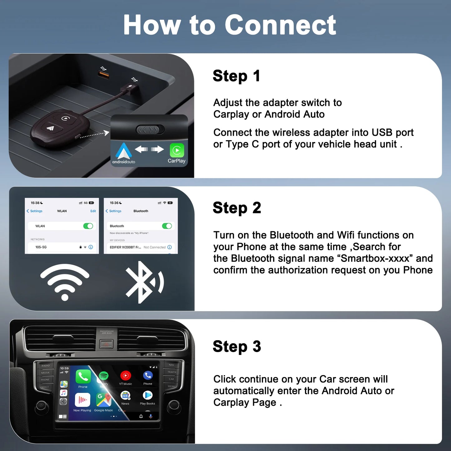 Wireless Android Auto & CarPlay 5.8 GHz Adapter for OEM Wired CarPlay & Android Auto Cars Convert Wired to Wireless