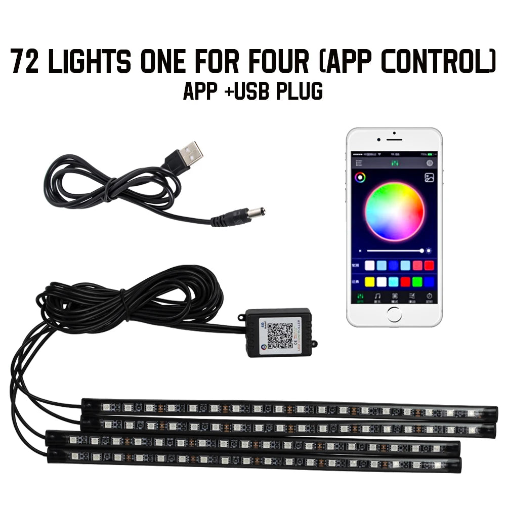 RGB LED Car Interior Ambient Light Strip – 36/48/72 LED Remote & App Music Control | USB or Cigarette Lighter | Atmosphere Foot Light