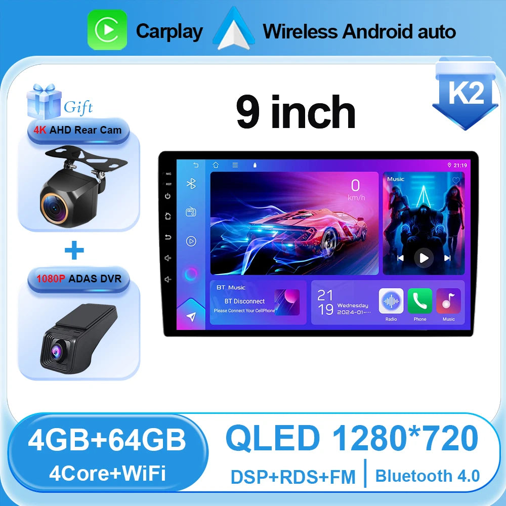 Universal 2-DIN Android Car Stereo (9"/10") — CarPlay, Android Auto, GPS, QLED Screen, Bluetooth