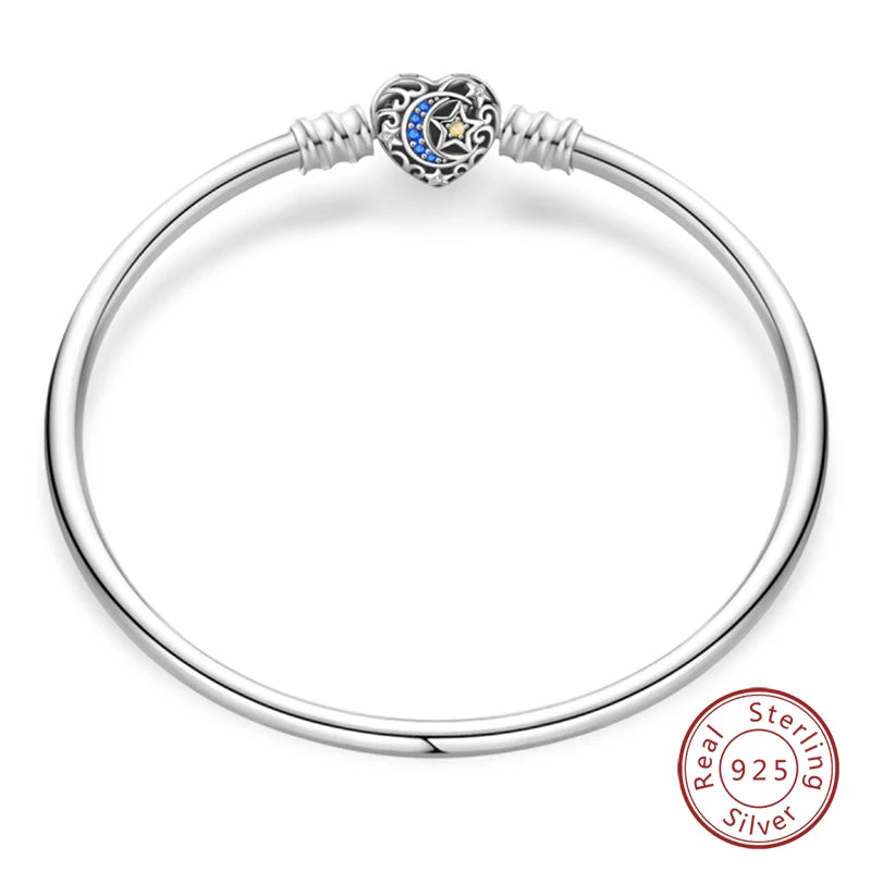 925 Sterling Silver Charm Bracelet – Star Moon Sun Four Leaf Clover Zircon | DIY Birthday Gift for Women (17-20cm)
