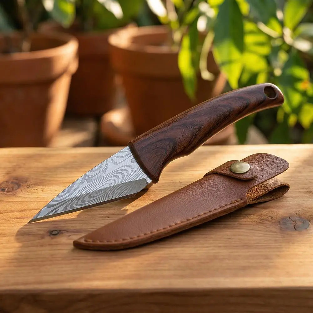 Grafting Knife with Leather Sheath — Wooden Handle Budding Tool