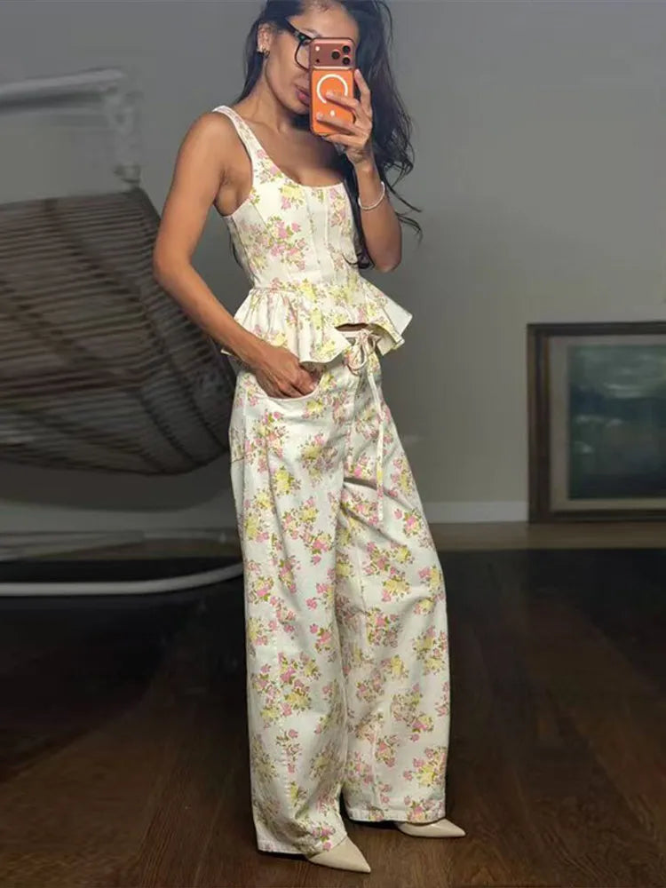 Elegant Printed Vest & Wide-Leg Pants Set — Women's 2-Piece