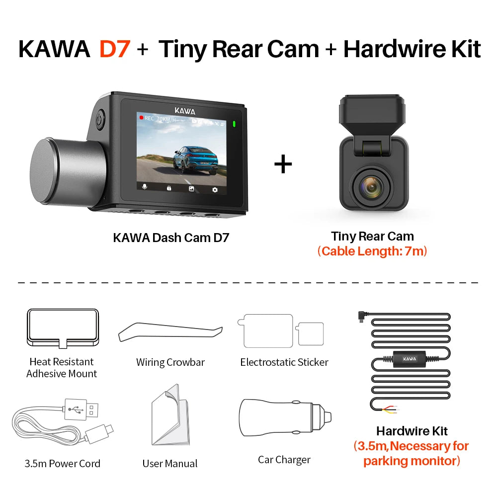 4K Front and Rear Dash cam KAWA D7,Video Recorder 4K WiFi6 Car Camera,DVR Tiny Rear Camera for AUTO,APP/Voice Control Dashcam