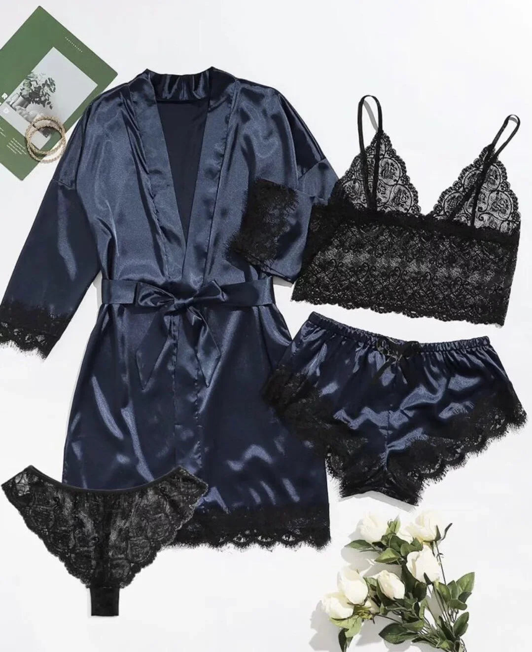 Women's 4-Piece Lace Camisole Pajama Set – Sexy Lingerie Nightgown, Shorts, Robe & Leisurewear | S–XXL (7 Colors)