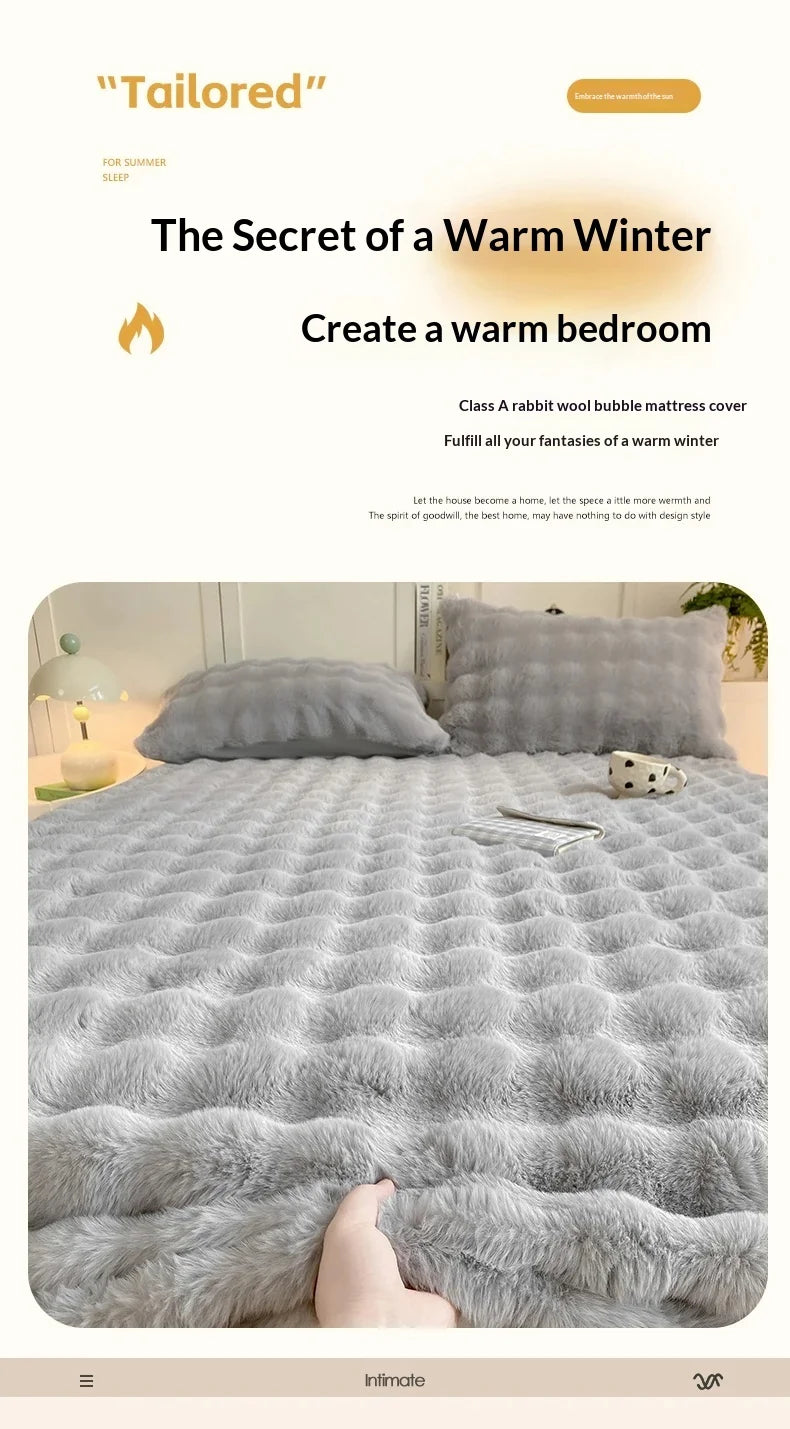 Fluffy Plush Fitted Bed Sheet for Winter Solid Color Rabbit Fleece Bed Sheets on Elastic Winter Warm Thicken Mattress Protector