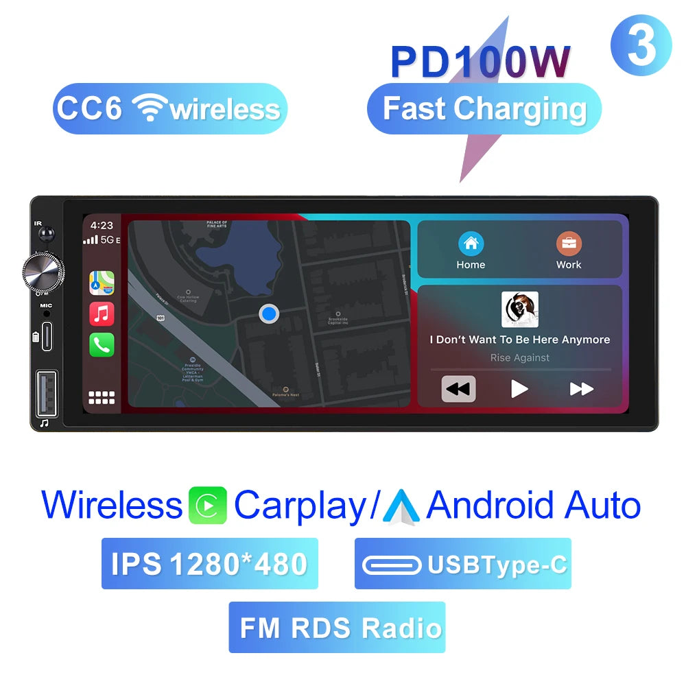 6.9" 1 DIN Universal Car Stereo with Apple CarPlay & Android Auto (MP5)