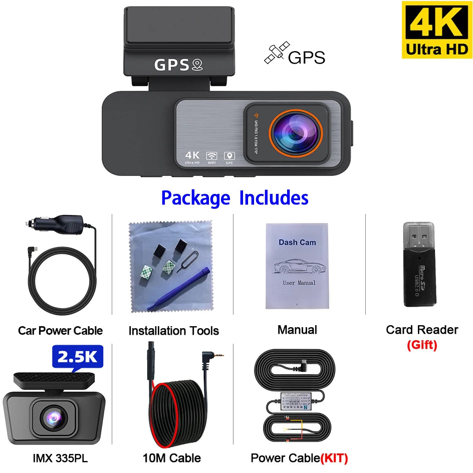 Dash Cam 4K UHD Recording Car Camera DVR Night Vision Video Recorder GPS Wi-Fi Support Dual Lens Room 2.5K Rear View Camera