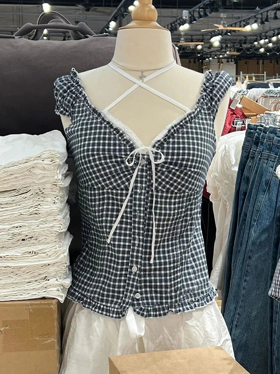 Ruffles White Basic Blouse Top for Woman Summer Folds Single Breasted Sleeveless Tank Tops Casual Cotton Vest Y2k Sweet Camisole