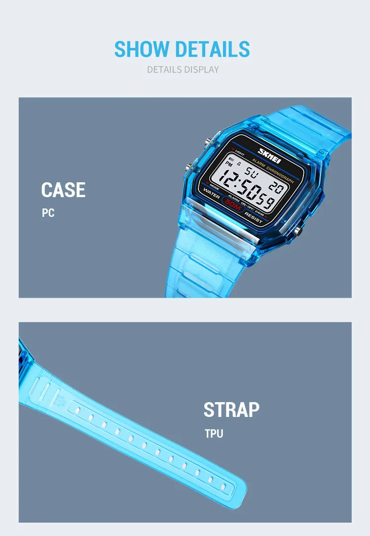 Skmei Women Digital Watches Fashion Transparent Case TPU Strap Led Waterproof Swimming Sports Wristwatch Female Alarm Clock