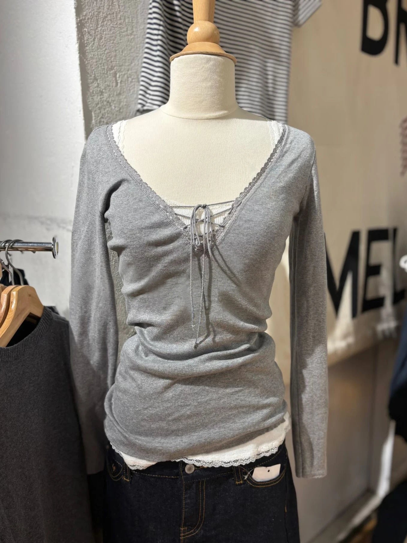 Bandage Lace Trim Long Sleeve T-shirt Autumn Sexy V-neck Cotton Slim Tshirt Top Female Casual Simple Solid Elegant Woman's Tees