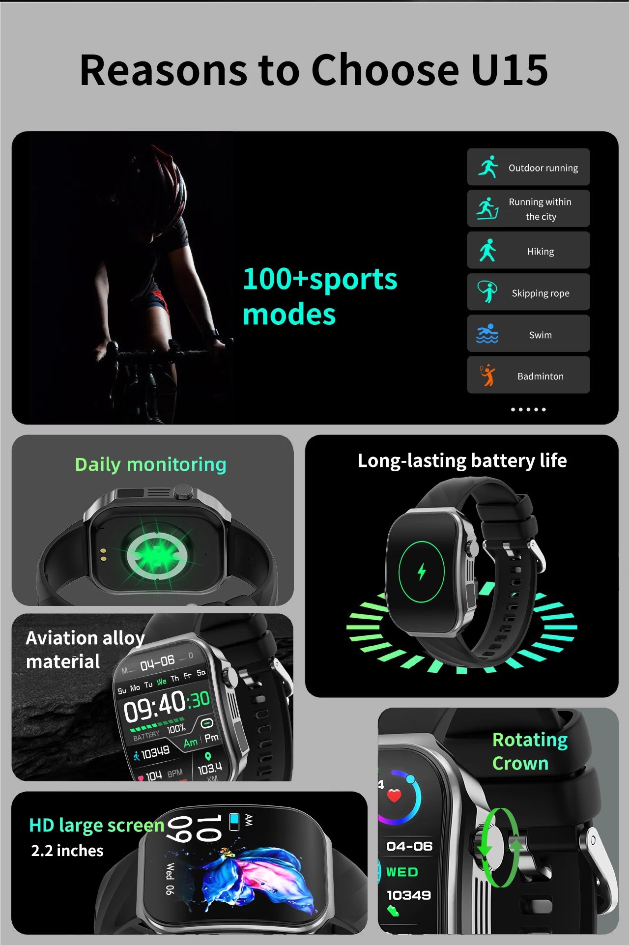 LIGE BWU15 Smart Watch – 2.2" 3D Curved Screen, BT Calling, Heart Rate, Blood Oxygen & 100+ Sports Modes | IP67