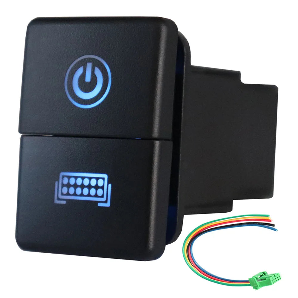 12V Dual Push Button Switch ON-Off Blue/Green Backlit 32.5mm X 22mm for Toyota 4Runner Hilux Prado RAV4, with Connector Wire