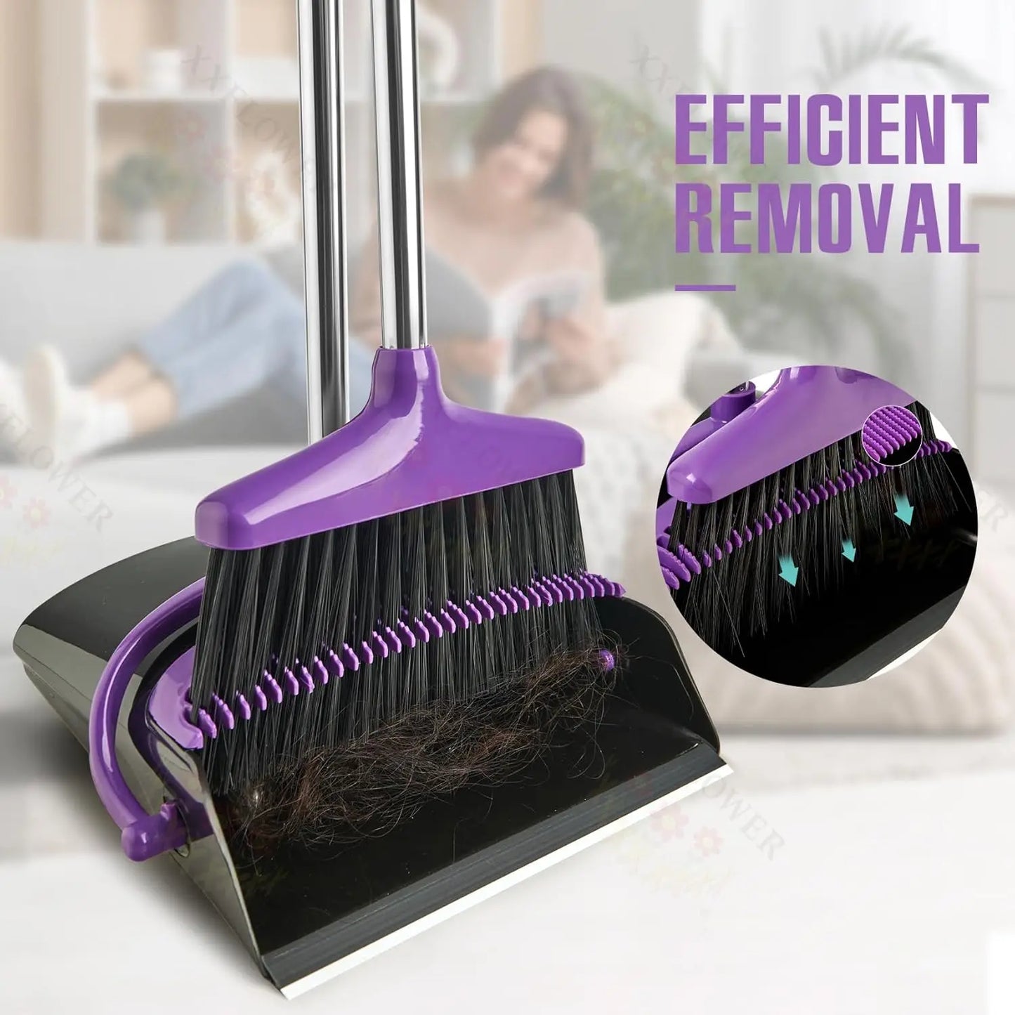 Long Handle Broom and Dustpan Set, Lightweight Stainless Steel, Upright Storage for Home Kitchen Office Pet Hair Cleaning