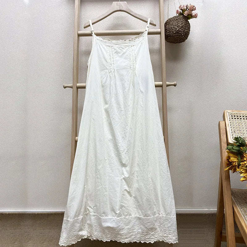 Johnature 2026 Summer New Japanese Casual Spaghetti Strap Thin All Match Dress For Women Solid Color Cotton Female Dresses