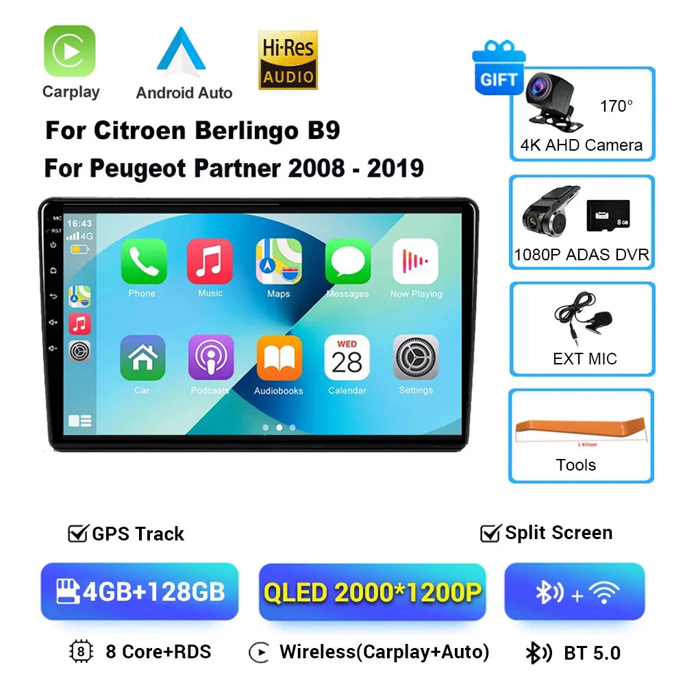 Android 16 Car Radio 4G+WIFI Carplay For Citroen Berlingo For Peugeot Partner 2008 - 2019 Navigation GPS Car Multimedia Player