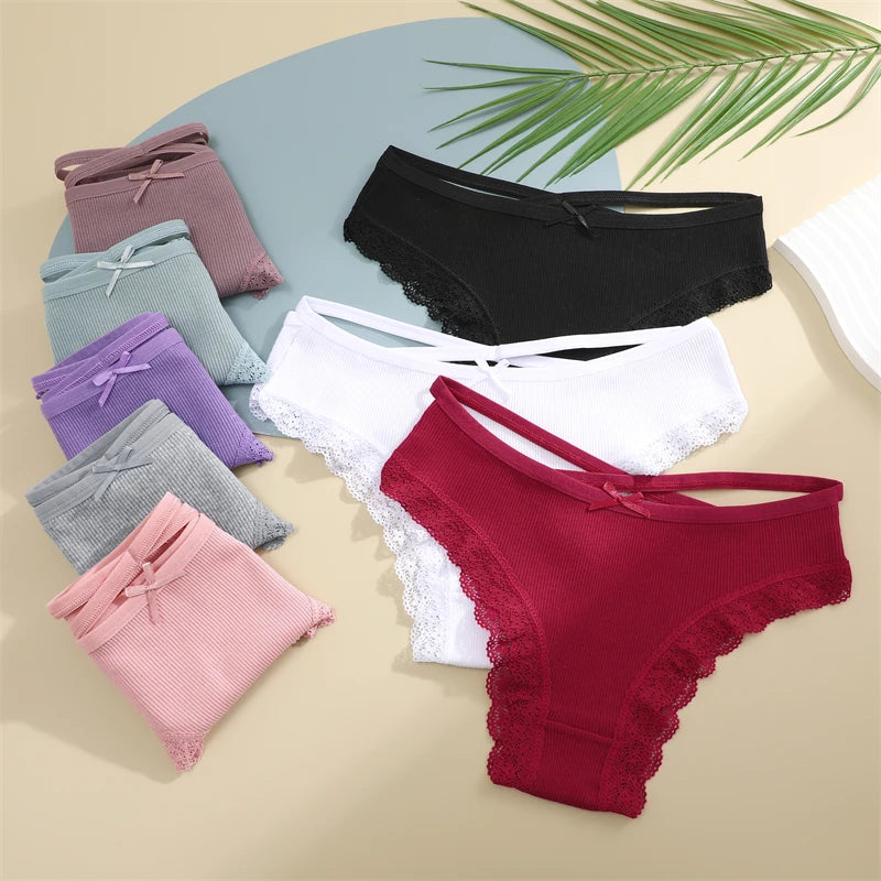 2PCS Cotton Panties for Women Sexy Lace Brazilian Briefs Female Low-Waist Cross Webbing Underpants Stretch Breathable Intimates