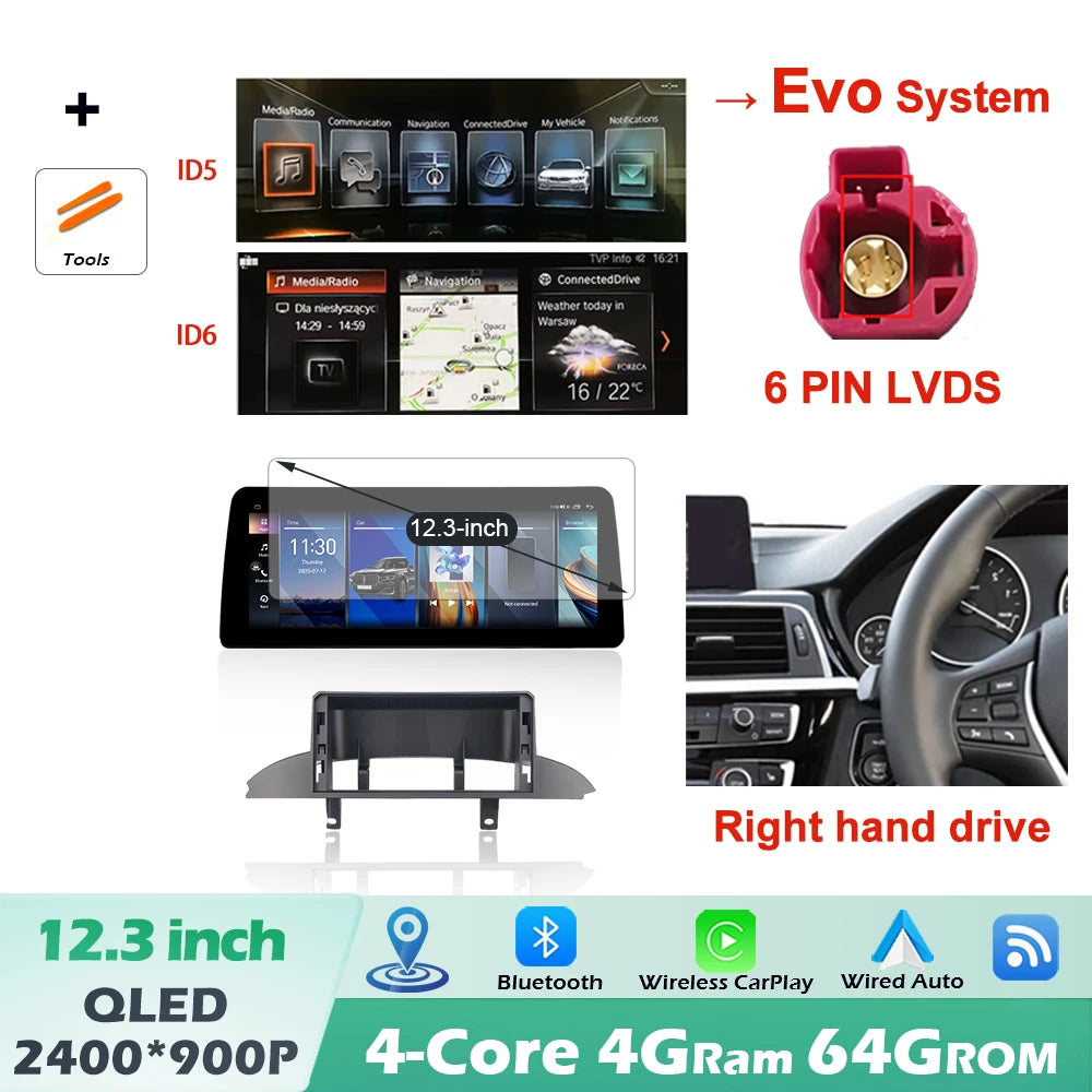 12.3" Right-Hand-Drive Wireless CarPlay & Android Auto Screen, Compatible with BMW 3 4 Series F30 F32