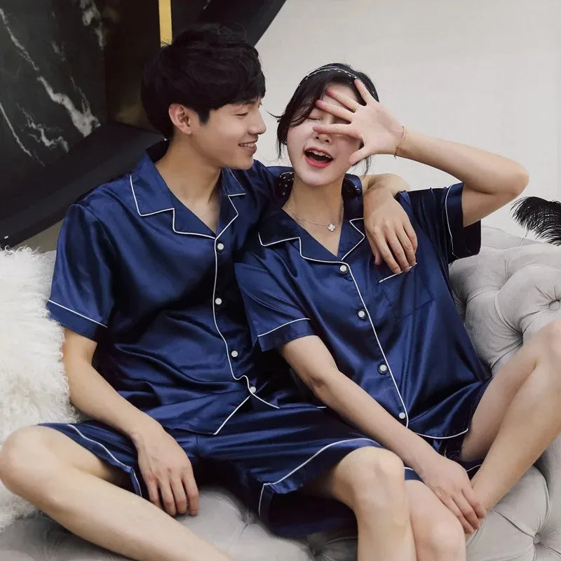 Satin pajama set, short sleeve, solid colour