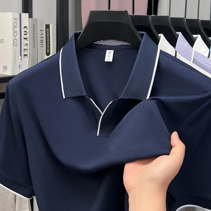 Men's Open-Neck Polo Tee - Silky Cooling Fabric, Breathable Slim