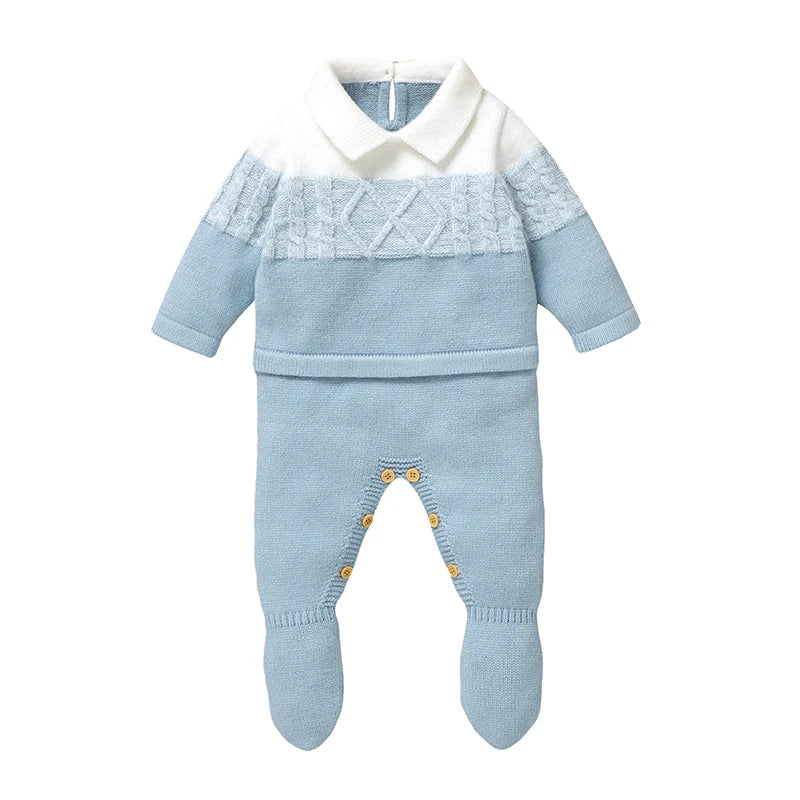 Baby Boy Knit Collar Romper 0-18M - Long Sleeve Winter Bodysuit